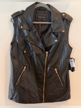 NWT Black Rivet Wilsons Leather Faux Leather Moto Vest - Gold Hardware